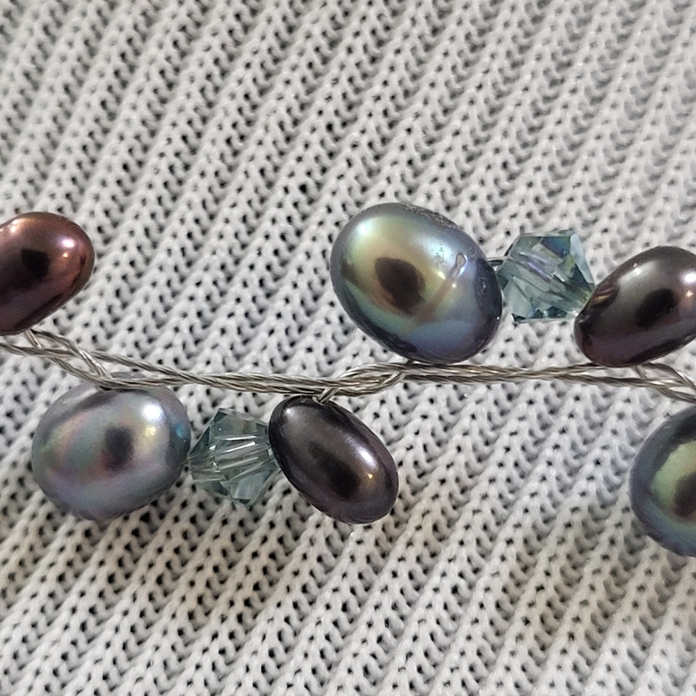 Blue Freshwater Pearl Wire Adjustable Necklace With Blue Iridescent Crystals - Picture 3 of 7